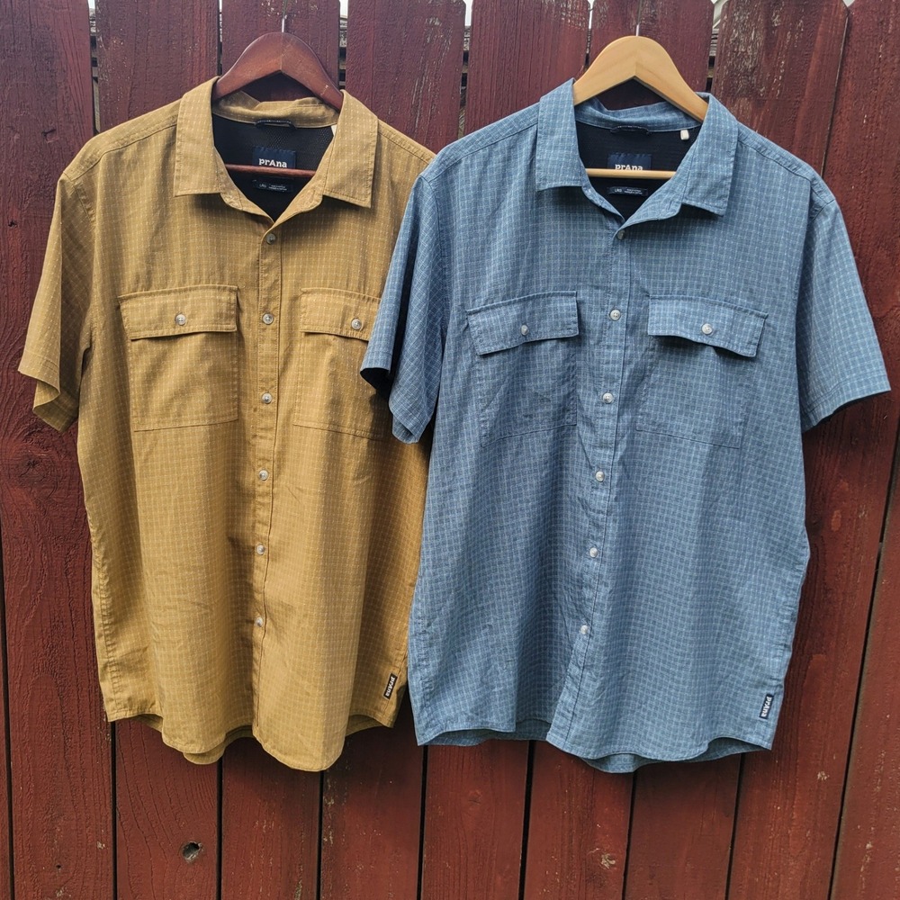 Lot 2 prAna Garvan Men L Short Sleeve Button Up Hiking Shirts Travel Blue Yellow